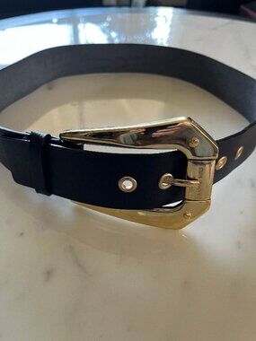Michael Kors Black Leather Belt with Substantial Gold Metal Buckle